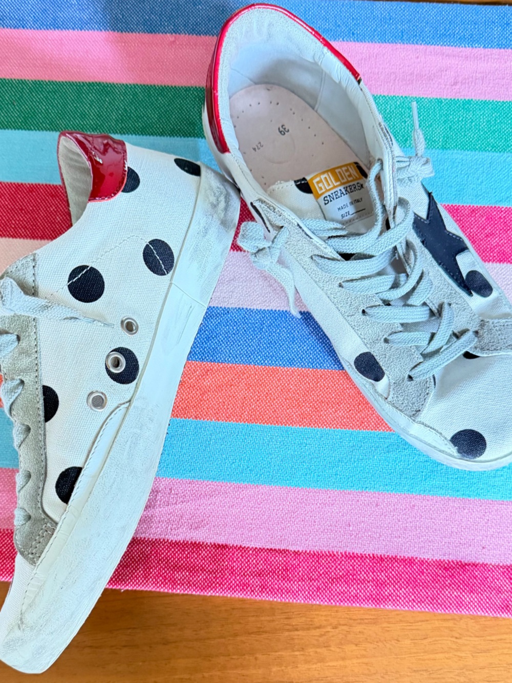 Golden Goose White Polka Dot Sneakers with Black Star and Red Heel - Picture 14 of 16